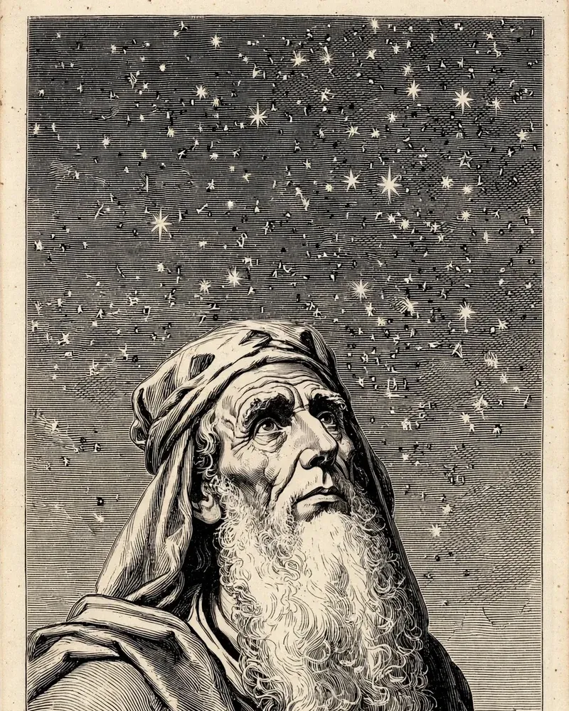 Engraving-style illustration of Abraham: Abraham gazing toward the stars.