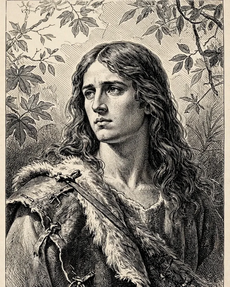 Engraving-style illustration of Adam: Adam in the garden.