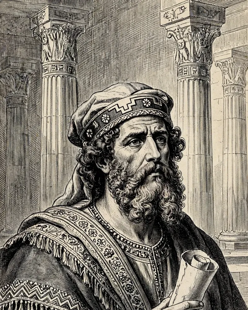 Engraving-style illustration of Daniel: Daniel in Babylonian court dress, holding a scroll.