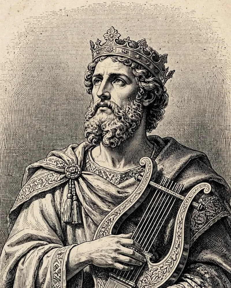 Engraving-style illustration of David: King David with a lyre.