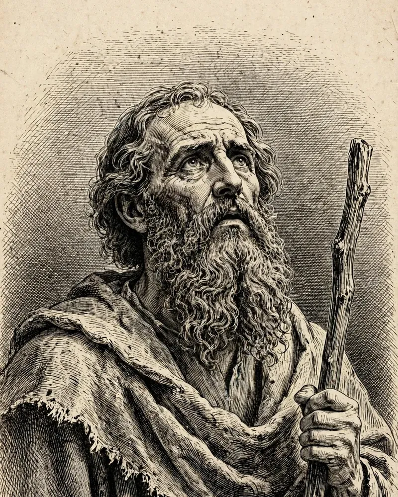 Engraving-style illustration of Elijah: Elijah in the wilderness, holding a staff.