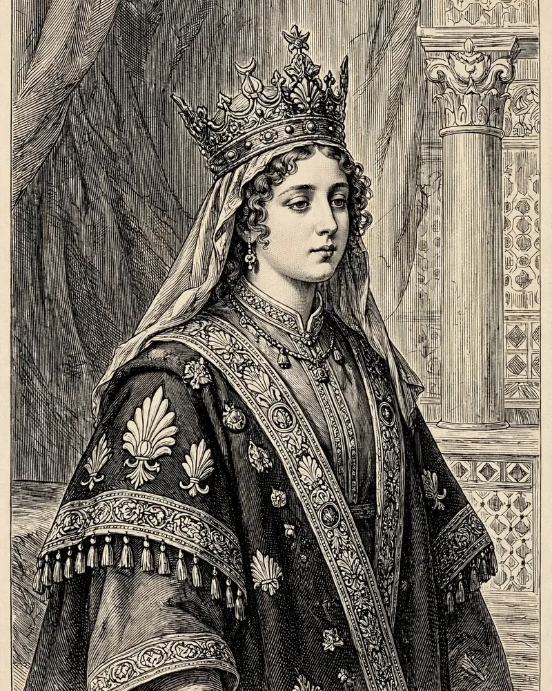 Engraving-style illustration of Esther: Queen Esther in the palace court.