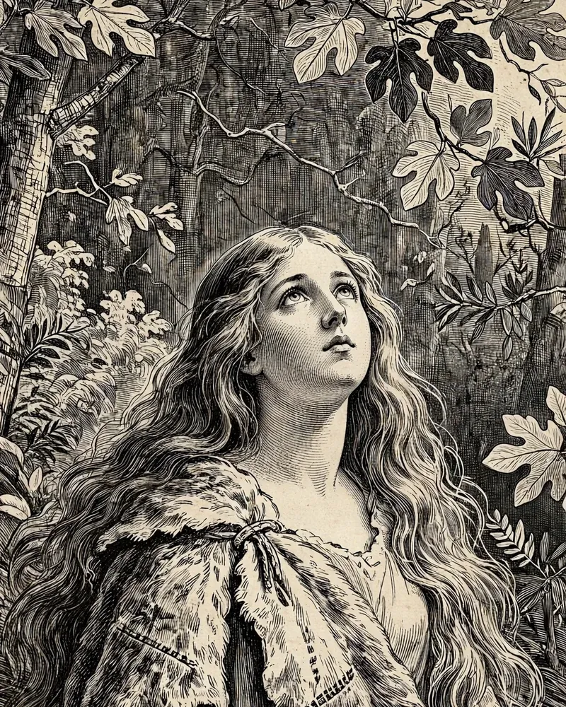 Engraving-style illustration of Eve: Eve in the garden among the trees.