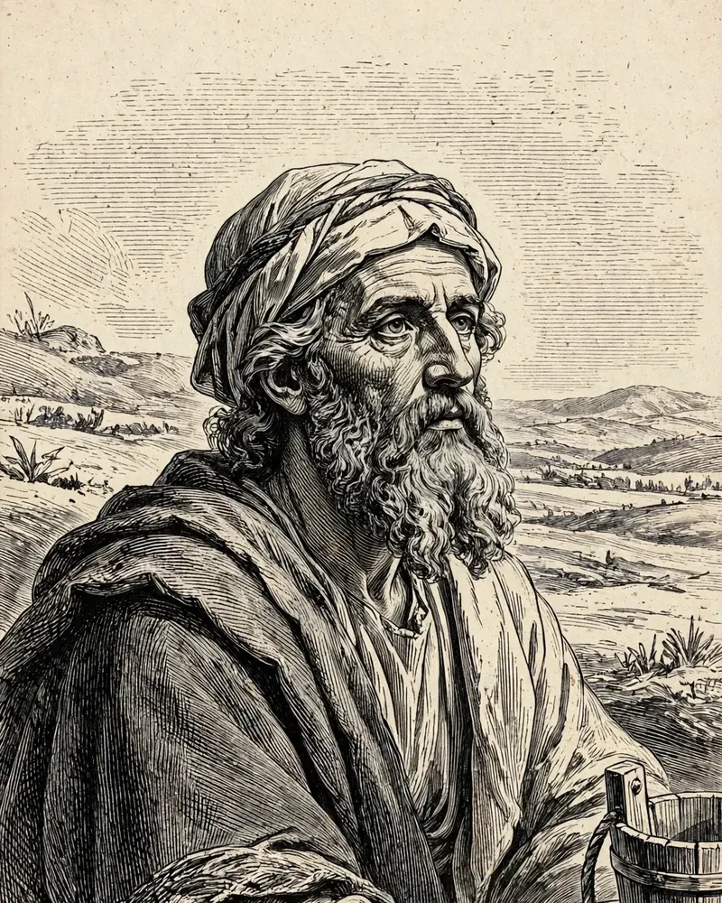 Engraving-style illustration of Isaac: Isaac seated beside a well.