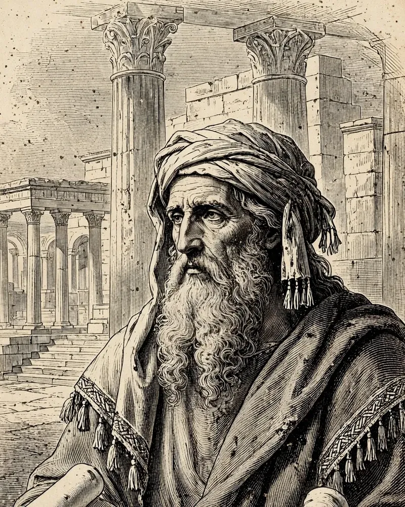 Engraving-style illustration of Isaiah: Isaiah holding an open scroll.