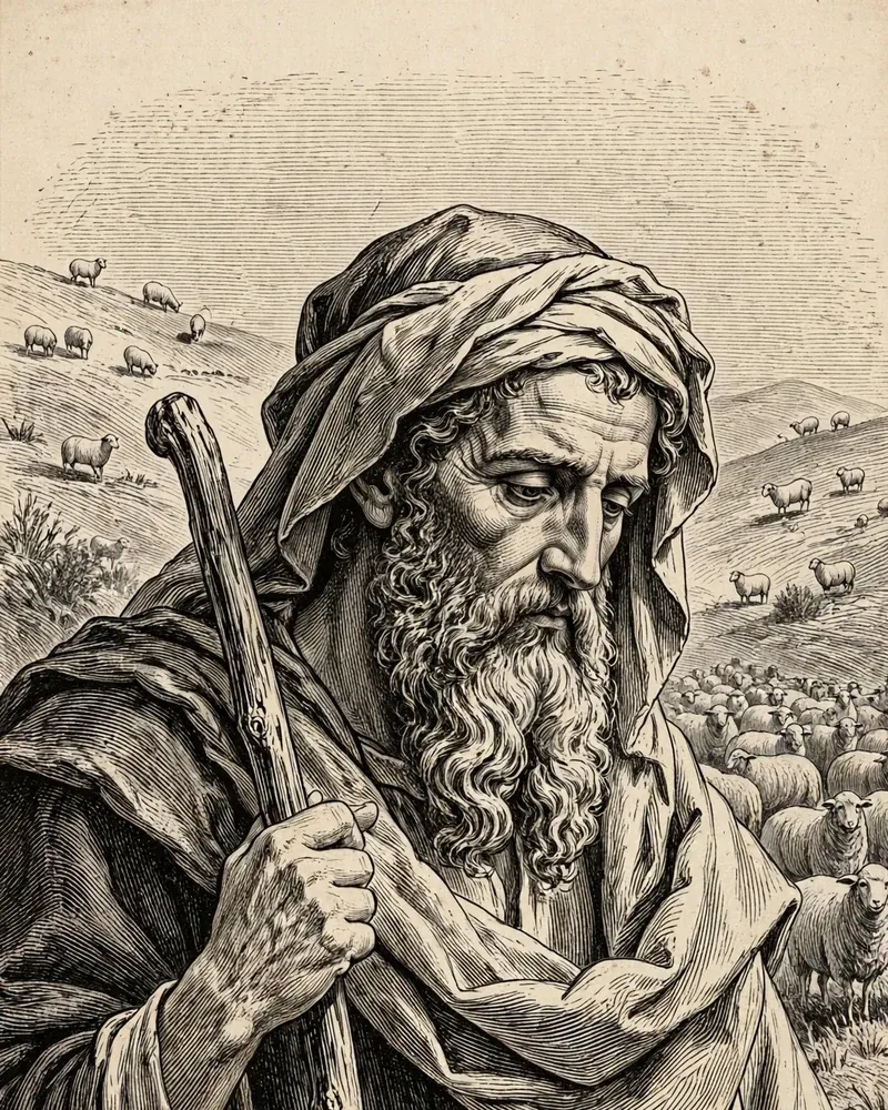 Engraving-style illustration of Jacob: Jacob leaning on a staff.