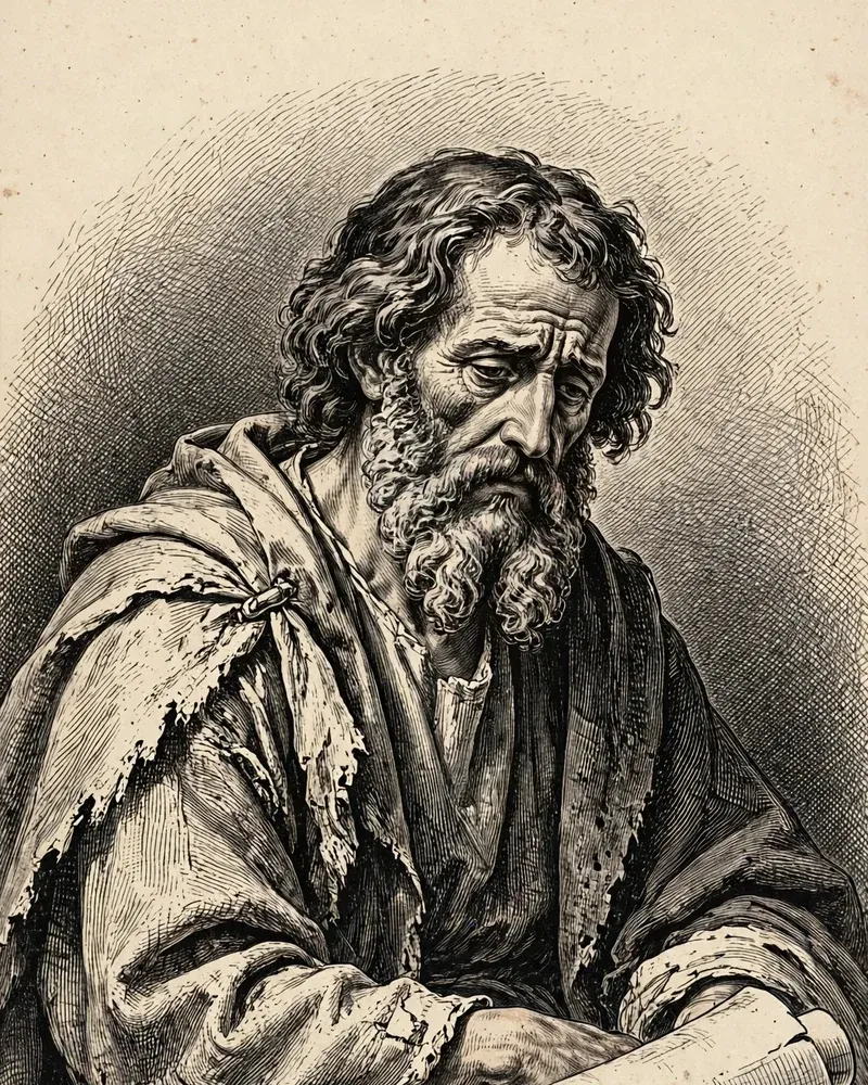 Engraving-style illustration of Jeremiah: Jeremiah seated with a scroll.