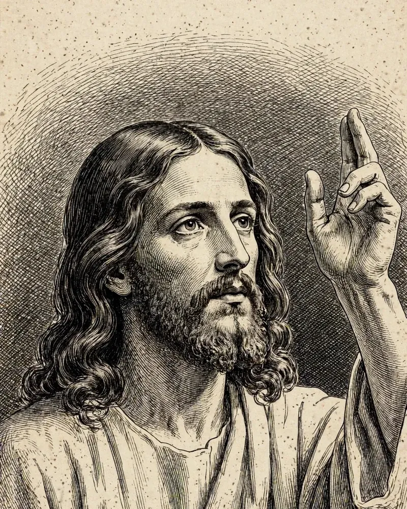 Engraving-style illustration of Jesus: Jesus teaching, one hand raised.