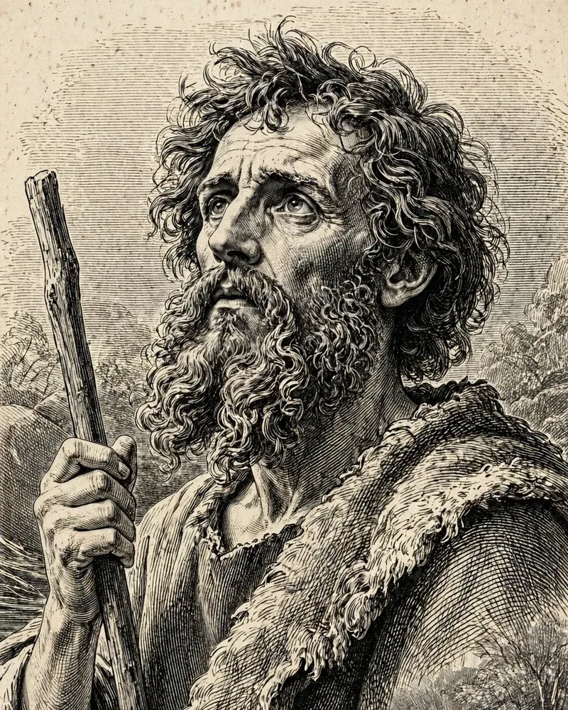 Engraving-style illustration of John the Baptist: John the Baptist beside the river.