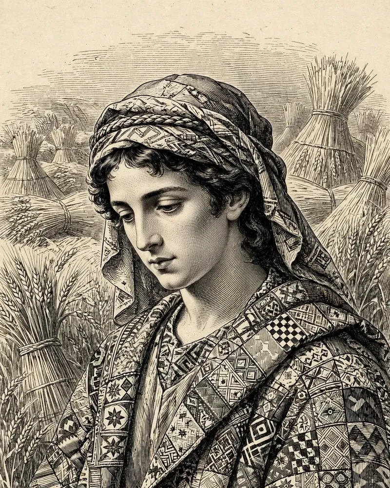 Engraving-style illustration of Joseph: Joseph in his patterned coat among wheat sheaves.
