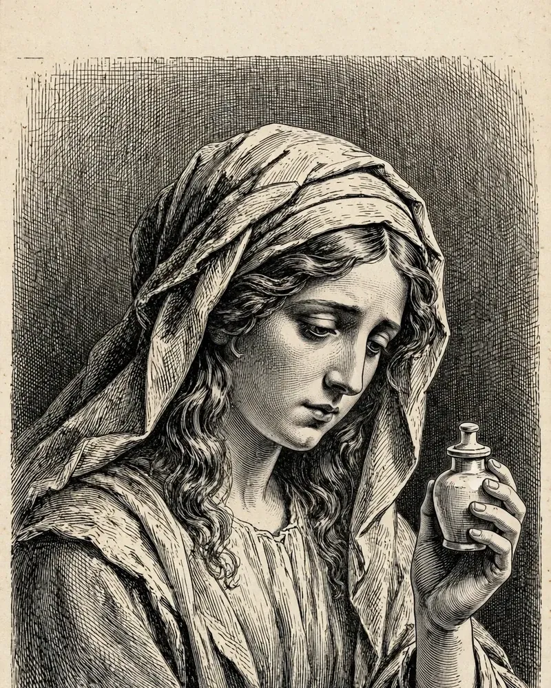 Engraving-style illustration of Mary Magdalene: Mary Magdalene carrying a jar of ointment.