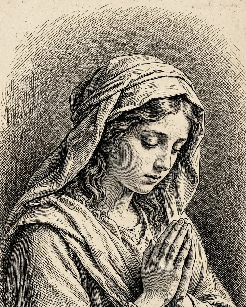 Engraving-style illustration of Mary: Mary of Nazareth at prayer.
