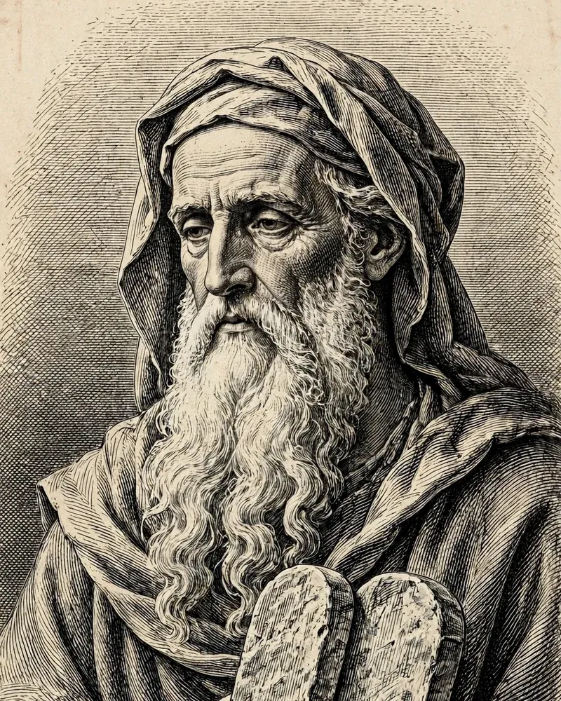 Engraving-style illustration of Moses: Moses holding the stone tablets.