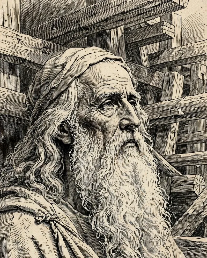 Engraving-style illustration of Noah: Noah before the timbers of the ark.