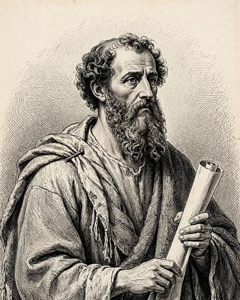 Engraving-style illustration of Paul: Paul holding a scroll.