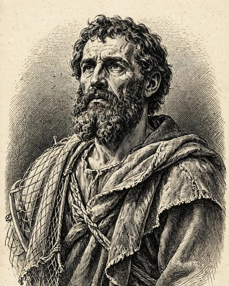 Engraving-style illustration of Peter: Peter with a fishing net over his shoulder.