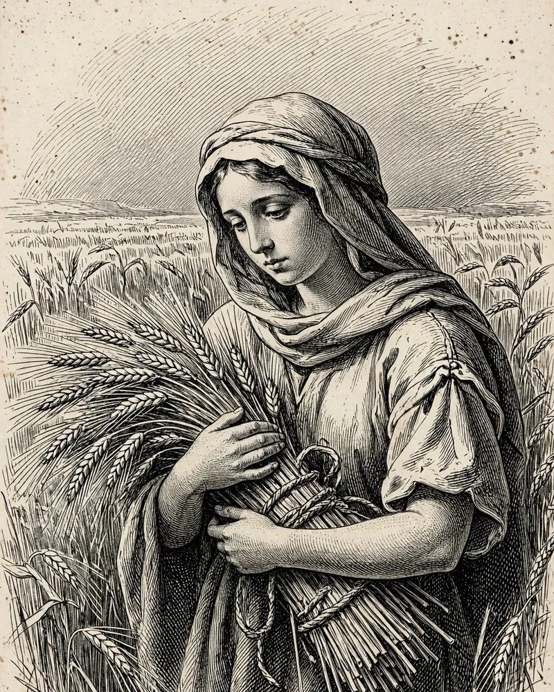 Engraving-style illustration of Ruth: Ruth gleaning in the barley field.