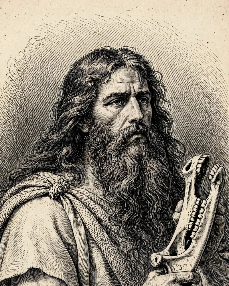 Engraving-style illustration of Samson: Samson holding the jawbone of a donkey.