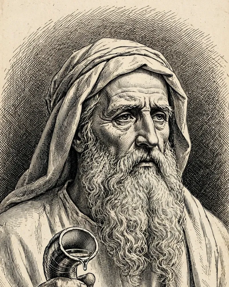 Engraving-style illustration of Samuel: Samuel holding a horn of oil.