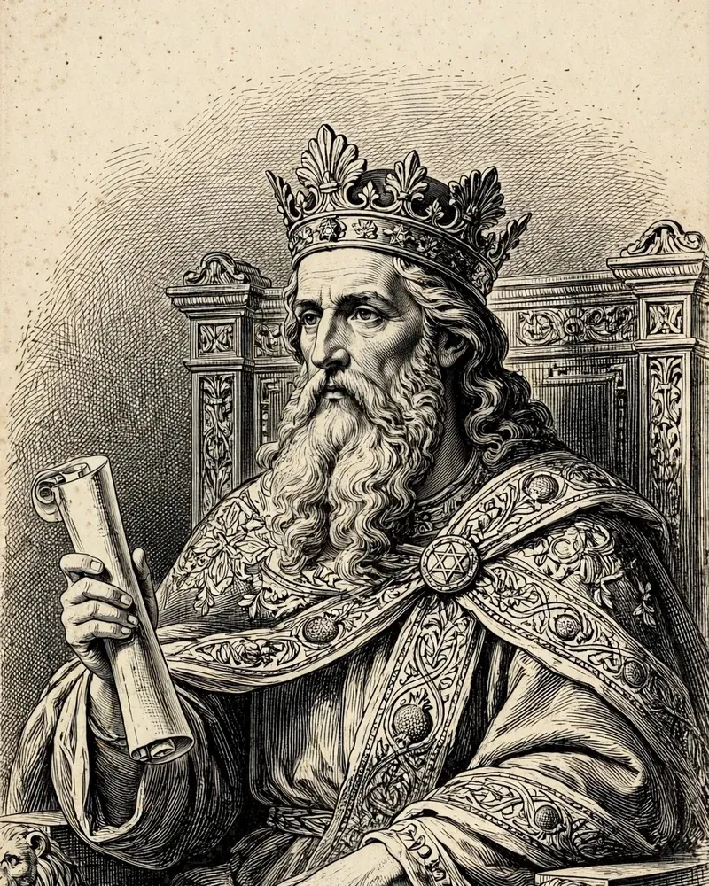 Engraving-style illustration of Solomon: King Solomon enthroned, holding a scroll.