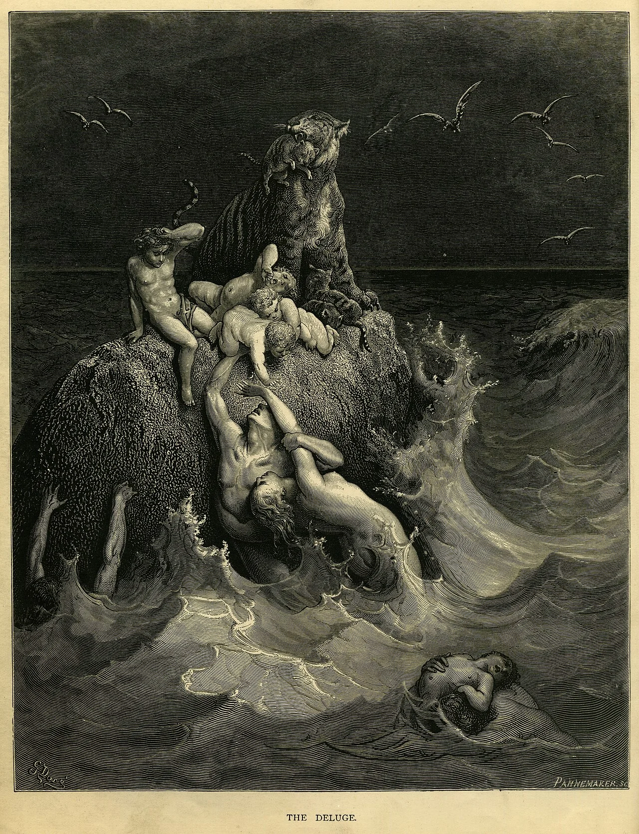 Engraving by Gustave Doré: the Flood, people and animals stranded on a rock as the waters rise