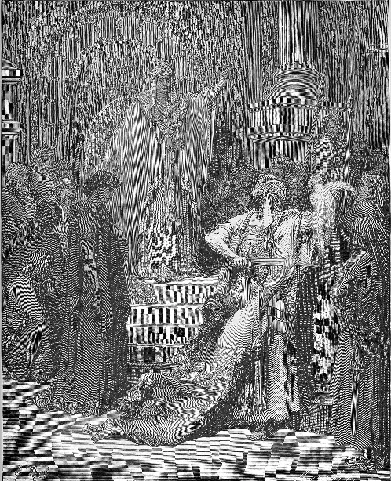 Engraving by Gustave Doré: Solomon standing before his court as a soldier lifts the child and draws his sword, and the mother pleads for its life, 1 Kings 3