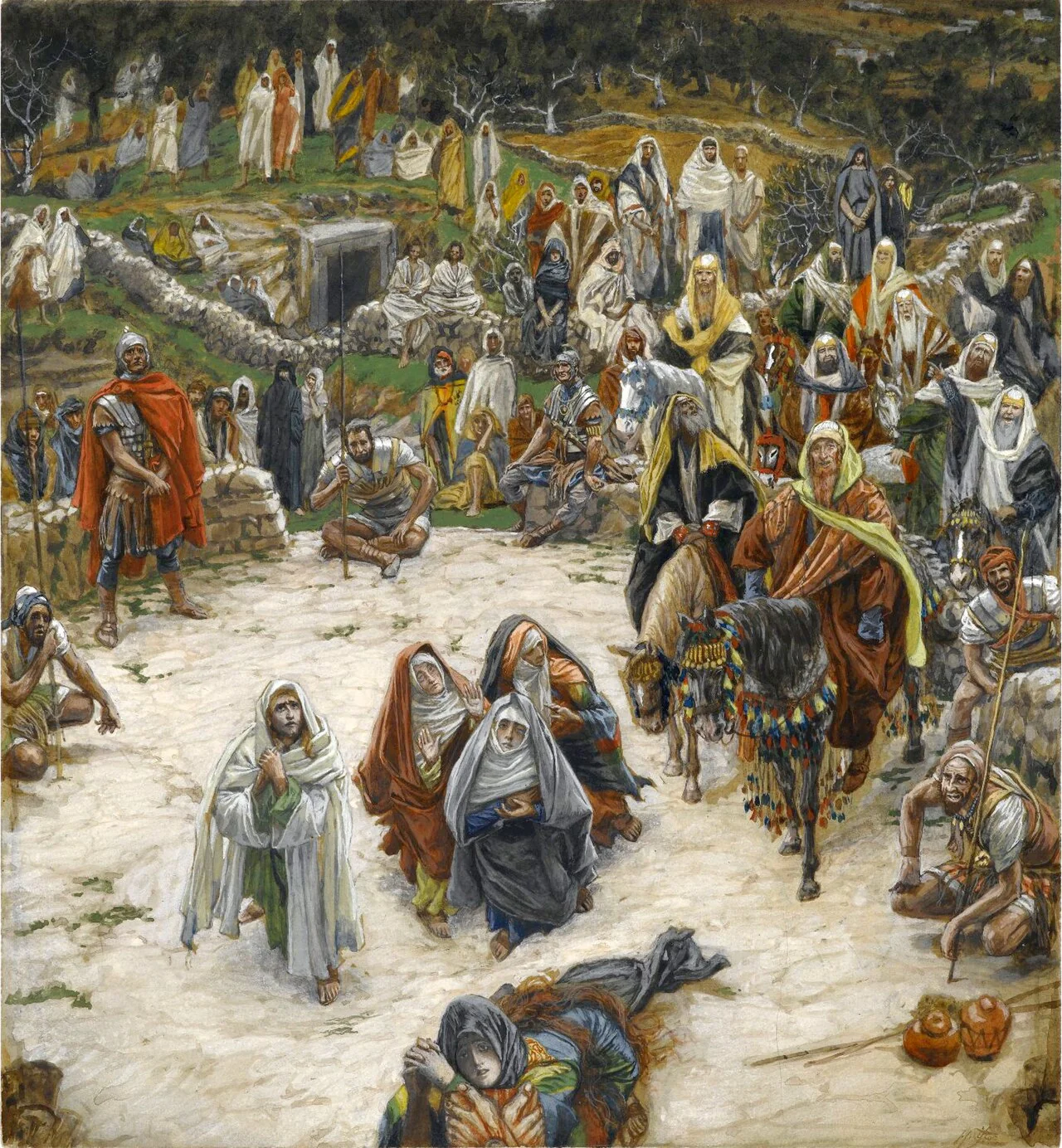 Painting by James Tissot: the crowd at Golgotha, soldiers, mourners and the tomb, seen from the cross itself