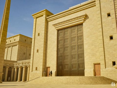 Reconstruction: the great bronze Nicanor Gate of Herod's Temple in Jerusalem, with the temple courts around it
