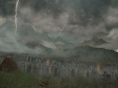 Scene reconstruction: Israel gathered in a great crowd at the foot of Mount Sinai under storm cloud and lightning